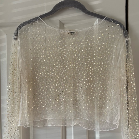 Bear Dance Tops - Bear Dance White Sheer Rhinestone Crop Hoodie